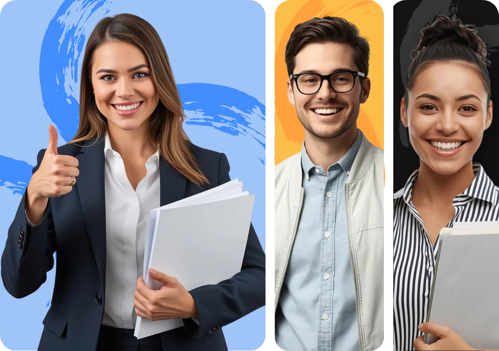 A smiling woman giving thumbs up holding a folder, a man with glasses smiling, and a woman holding yellow books, representing mentors and teachers.